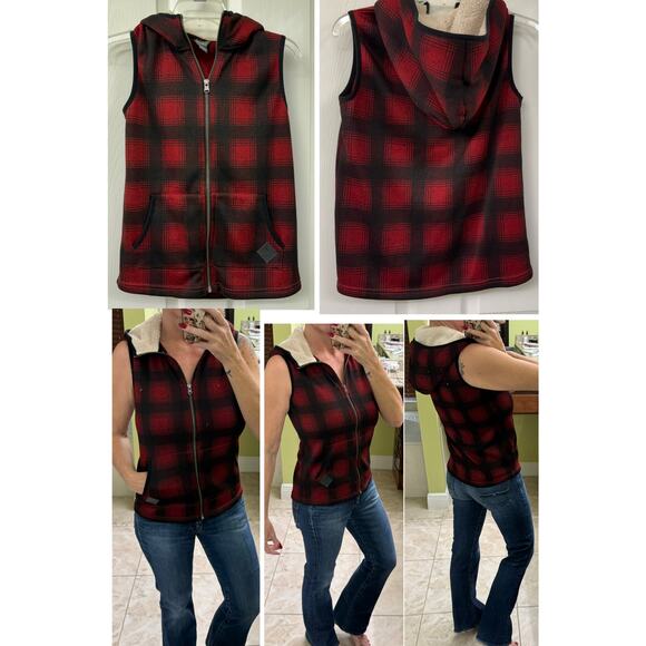 Eddie Bauer NWOT XS buffalo plaid red black vest sherpa tan hoodie women's - Picture 7 of 7